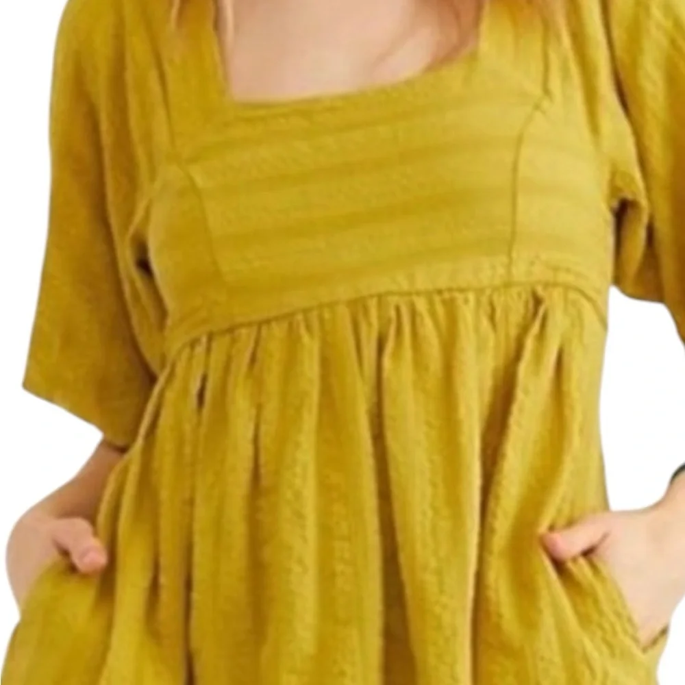 Free People Gigi Blouson Puff Sleeve Tunic Dress Medium Chartreuse Boho Pockets - Picture 11 of 12